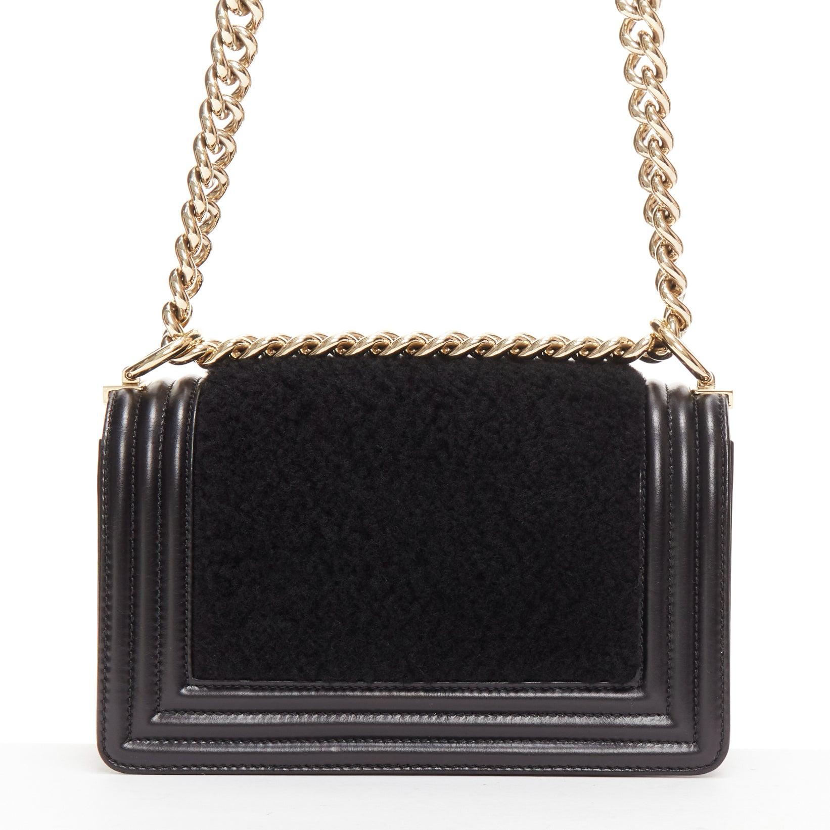 CHANEL Boy Small black shearling leather gold CC push lock chain flap bag In Good Condition For Sale In Hong Kong, NT