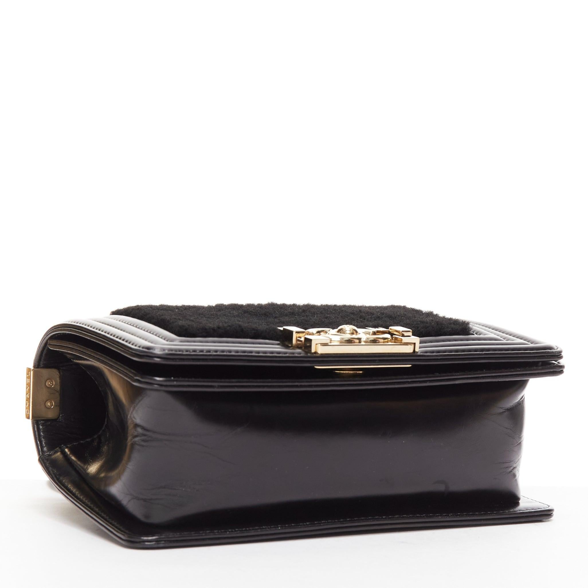 Women's CHANEL Boy Small black shearling leather gold CC push lock chain flap bag For Sale