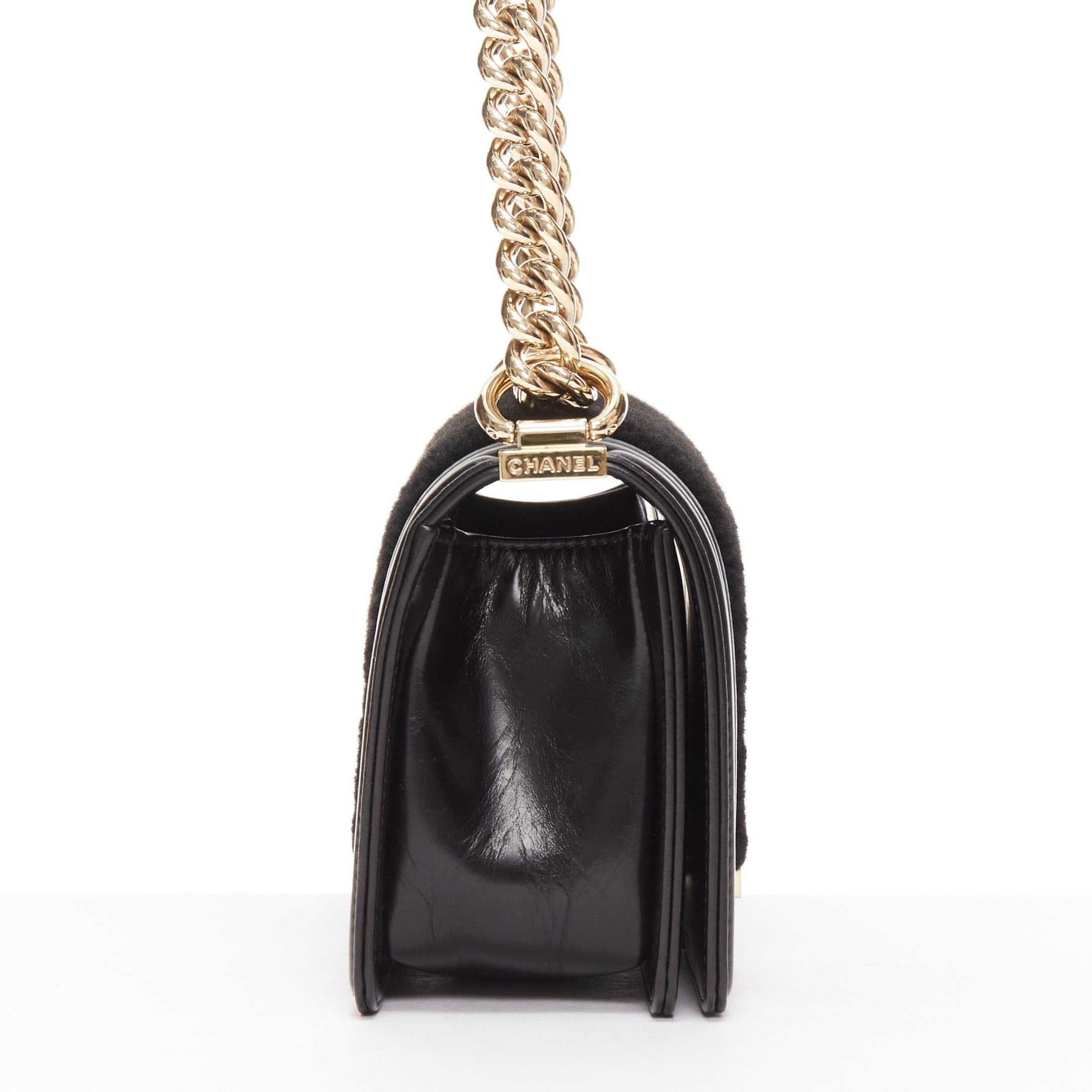 CHANEL Boy Small black shearling leather gold CC push lock chain flap bag For Sale 1