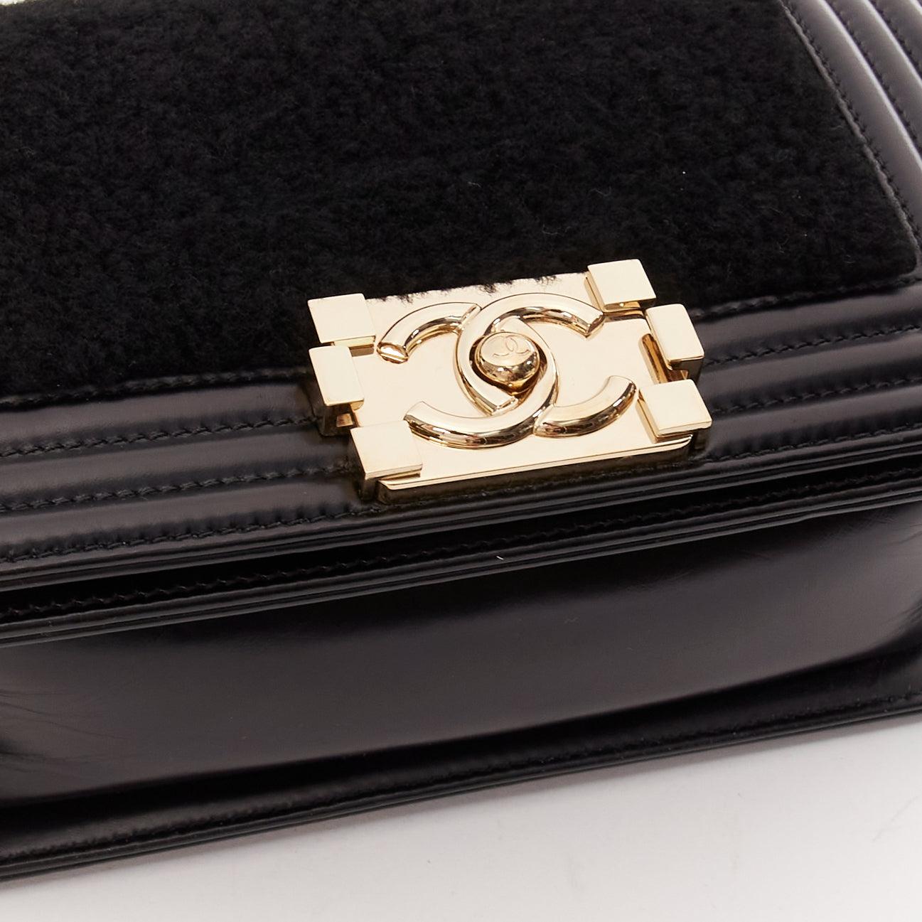 CHANEL Boy Small black shearling leather gold CC push lock chain flap bag For Sale 2