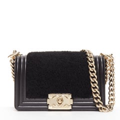 CHANEL Boy Small black shearling leather gold CC push lock chain flap bag