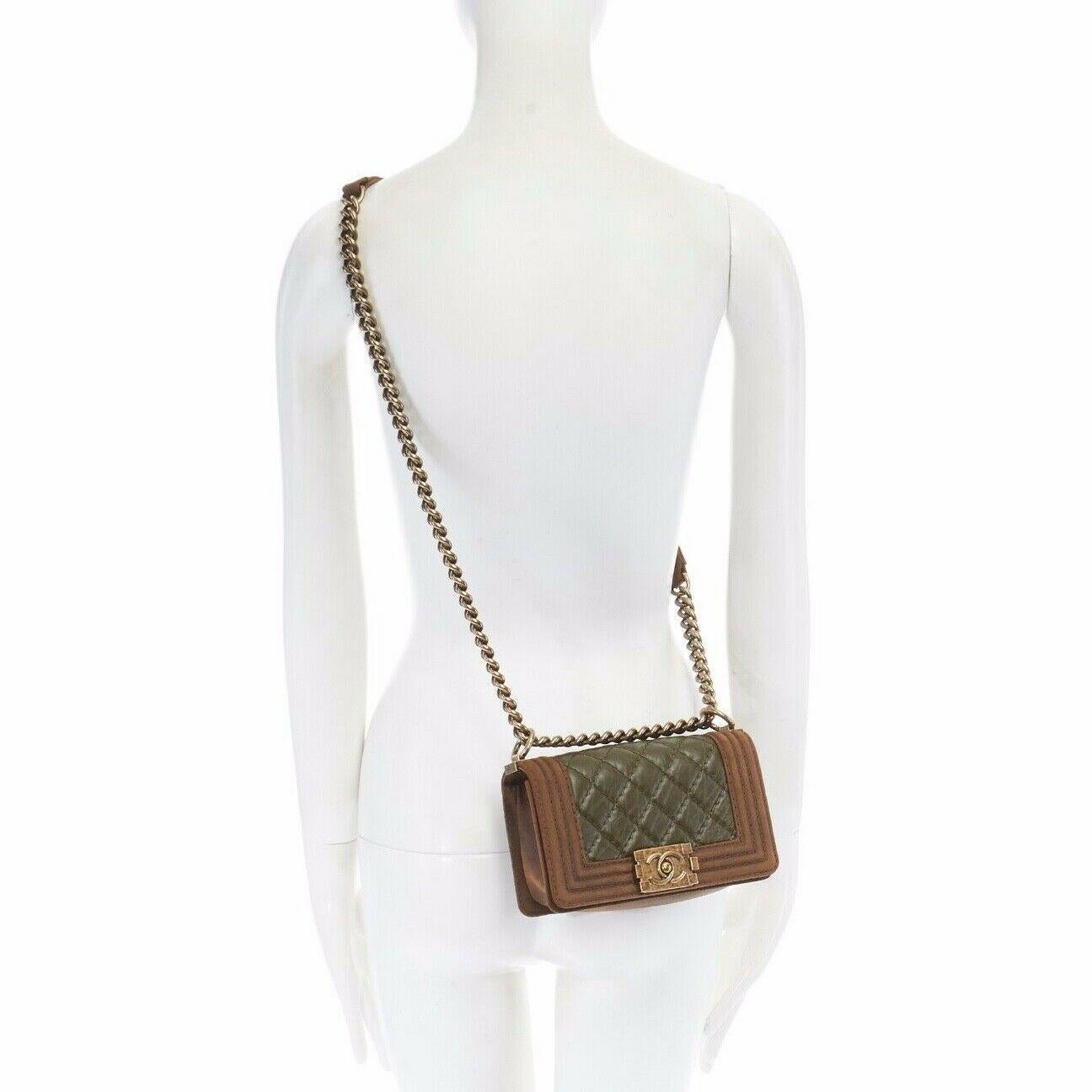 CHANEL Boy Small brown suede khaki quilted leather gold chain shouulder bag

CHANEL
Boy Bag. Small size. Khaki green aged leather body with tonal green quilt stitching. Brown distressed suede laether frame. Vintage gold-tone hardware. Signature CC