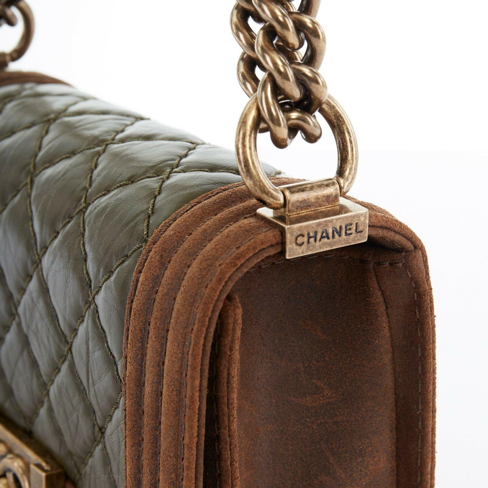 CHANEL Boy Small brown suede khaki quilted leather gold chain shouulder bag 3