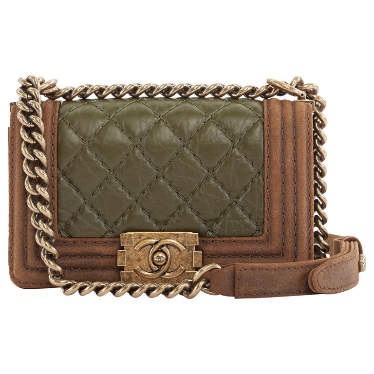 CHANEL Boy Small brown suede khaki quilted leather gold chain shouulder bag  at 1stDibs