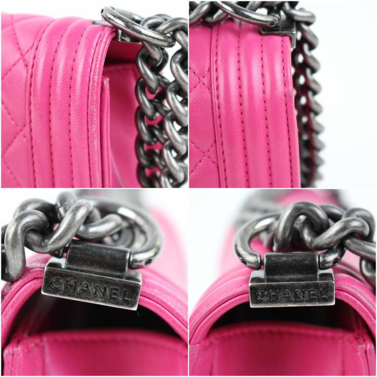 Chanel Boy Small Lambskin Le 9617ct13 Hot Pink Leather Shoulder Bag In Fair Condition For Sale In Forest Hills, NY