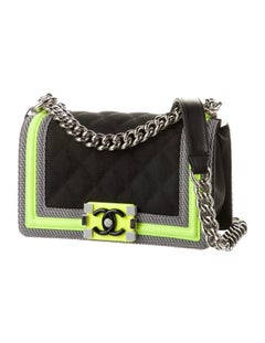 Chanel Boy Soldout Spring 2016 Small Rare Black Neon Lime Nylon Flap Bag