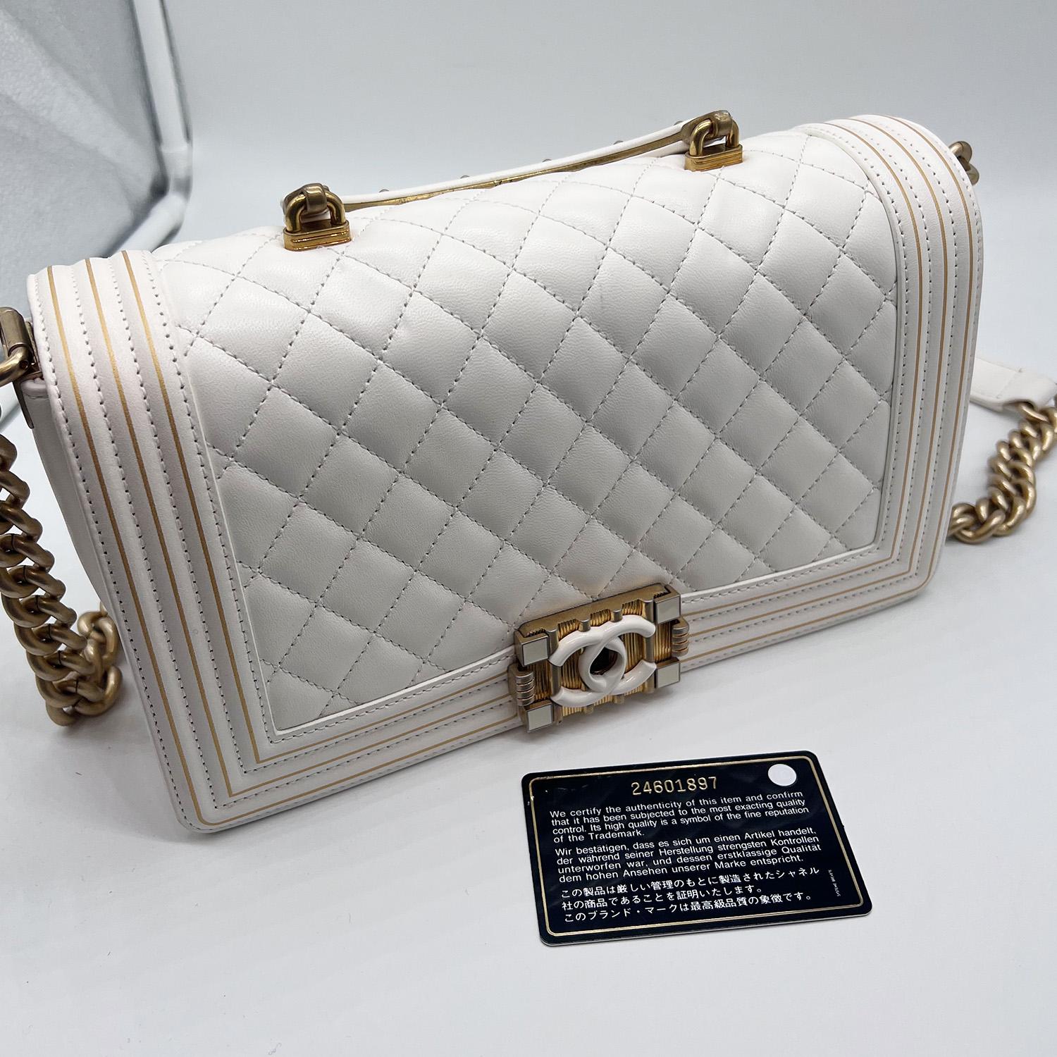 Chanel Boy Studded Handle Bag In White Size Old Medium Gold Hardware 5