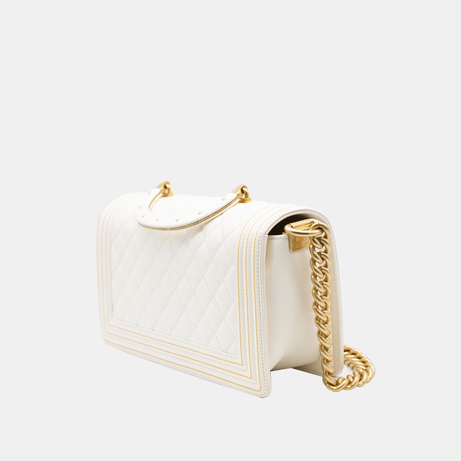 Chanel Boy Studded Handle Bag In White Size Old Medium Gold Hardware In Good Condition In London, GB