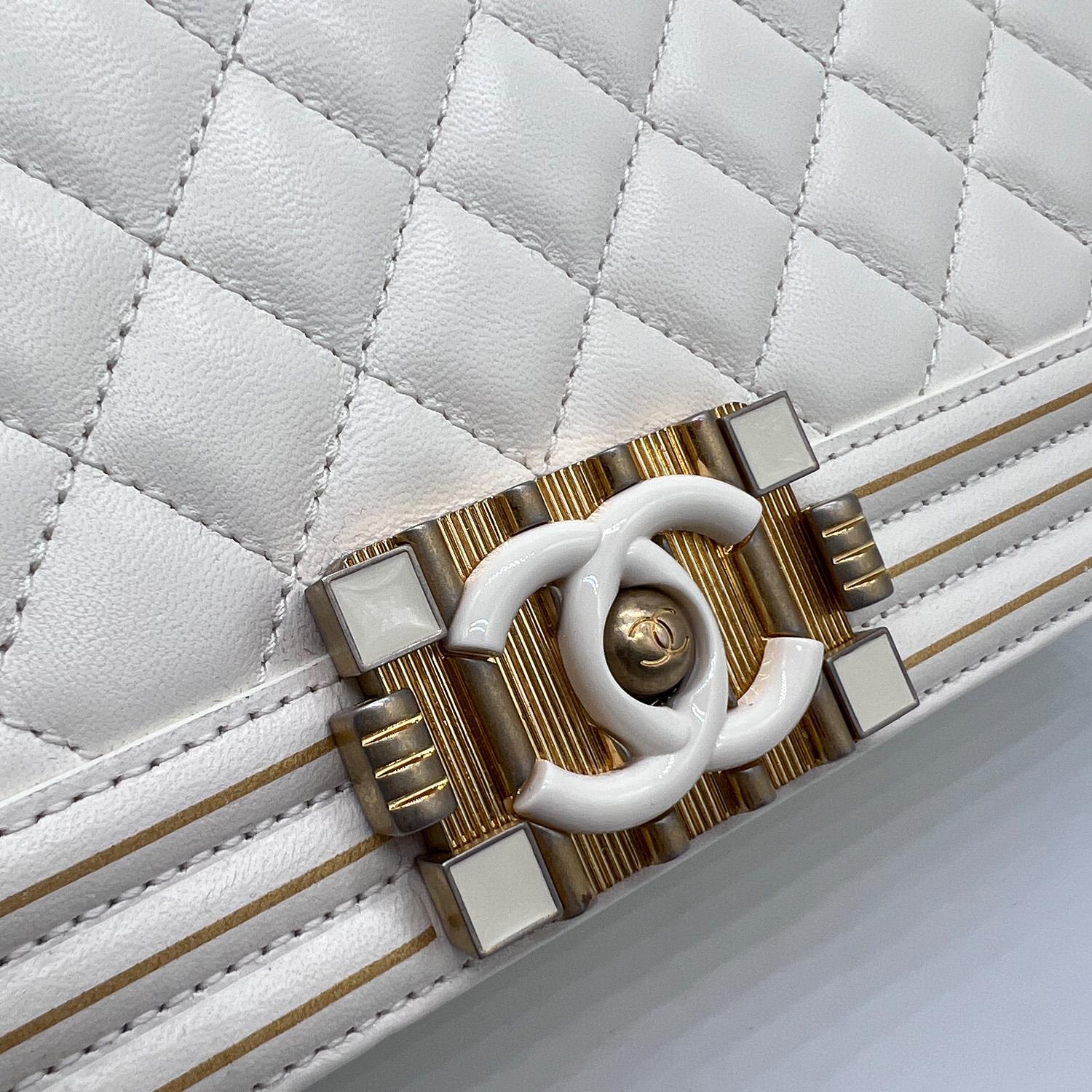 Chanel Boy Studded Handle Bag In White Size Old Medium Gold Hardware 3
