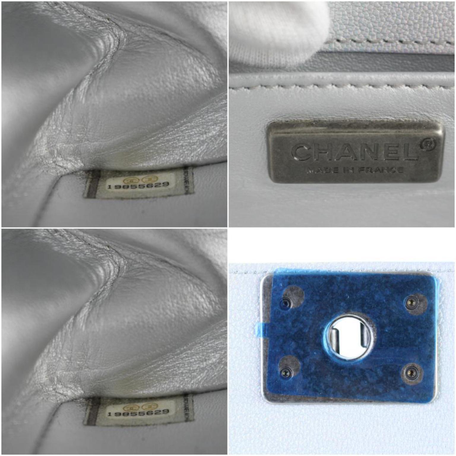 Chanel Boy Tweed and Pearl 2cr0103 Metallic Silver Leather Cross Body Bag In New Condition For Sale In Forest Hills, NY