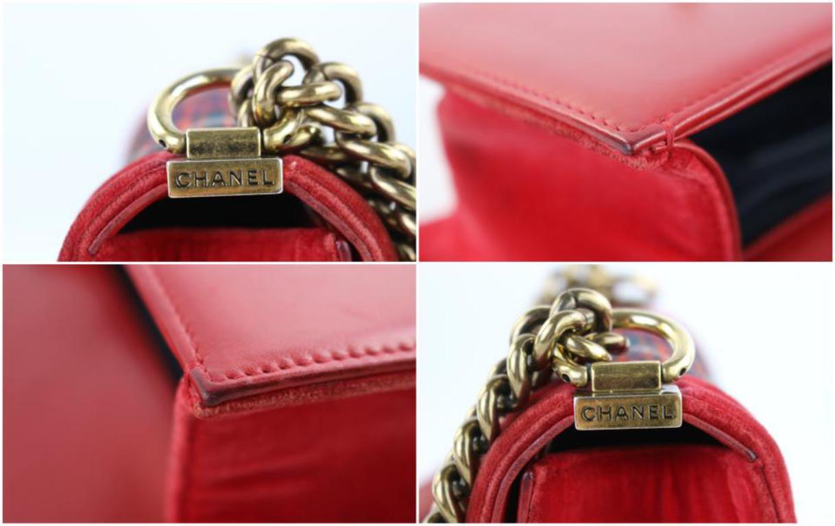 Brown Chanel Boy Tweed Quilted Plaid Paris-edinburgh 3ct1115 Red Velvet Cross Body Bag For Sale