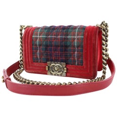 Chanel Boy Tweed Quilted Plaid Paris-edinburgh 3ct1115 Red Velvet Cross Body Bag