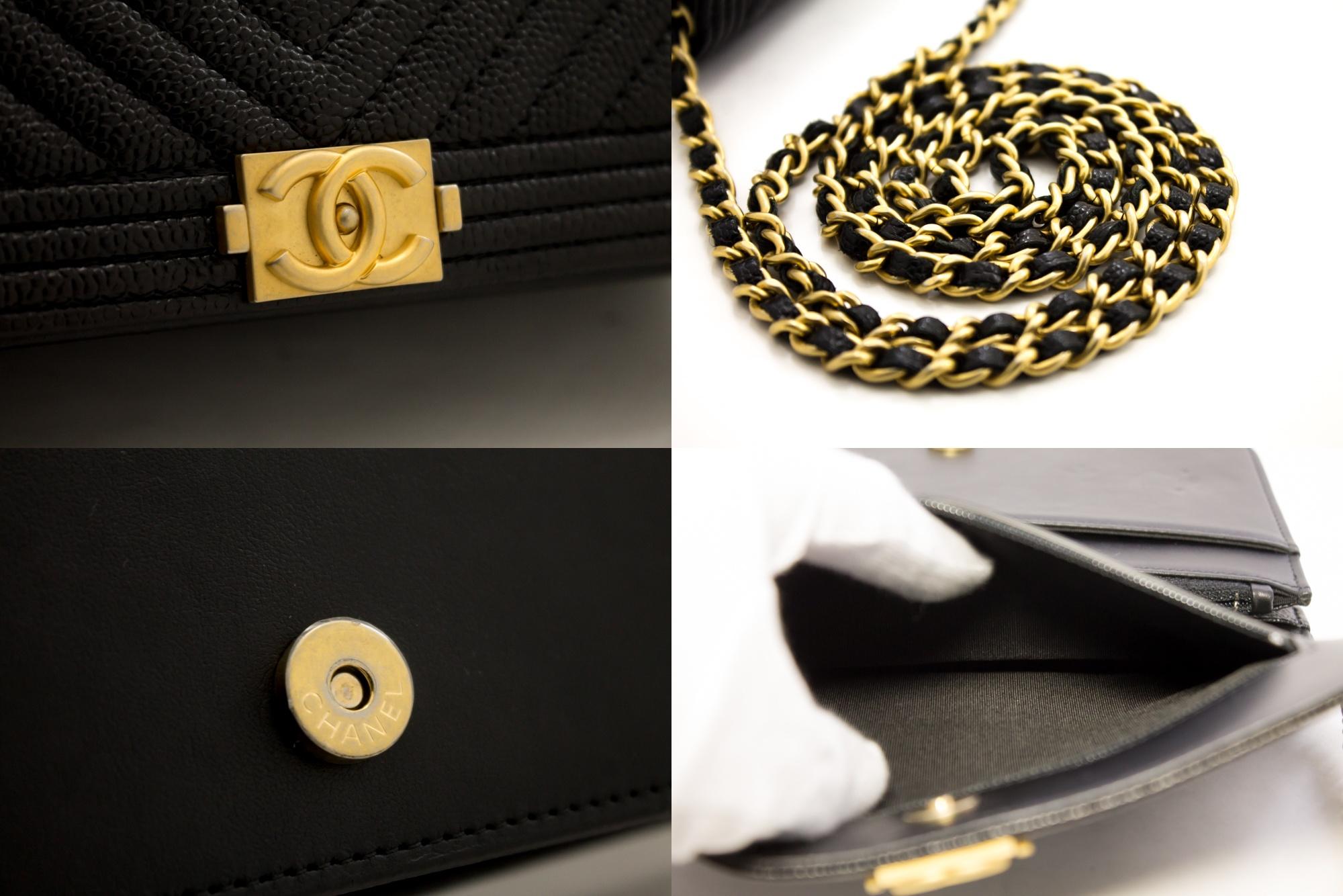 Women's CHANEL Boy V-Stitch Caviar WOC Wallet On Chain Black Shoulder Bag Leather