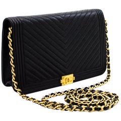 CHANEL Boy V-Stitch Caviar WOC Wallet On Chain Black Shoulder Bag Leather