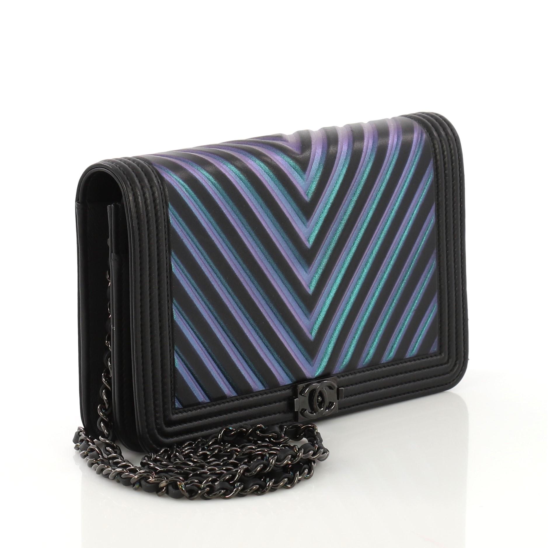 Black Chanel Boy Wallet on Chain Chevron Painted Calfskin