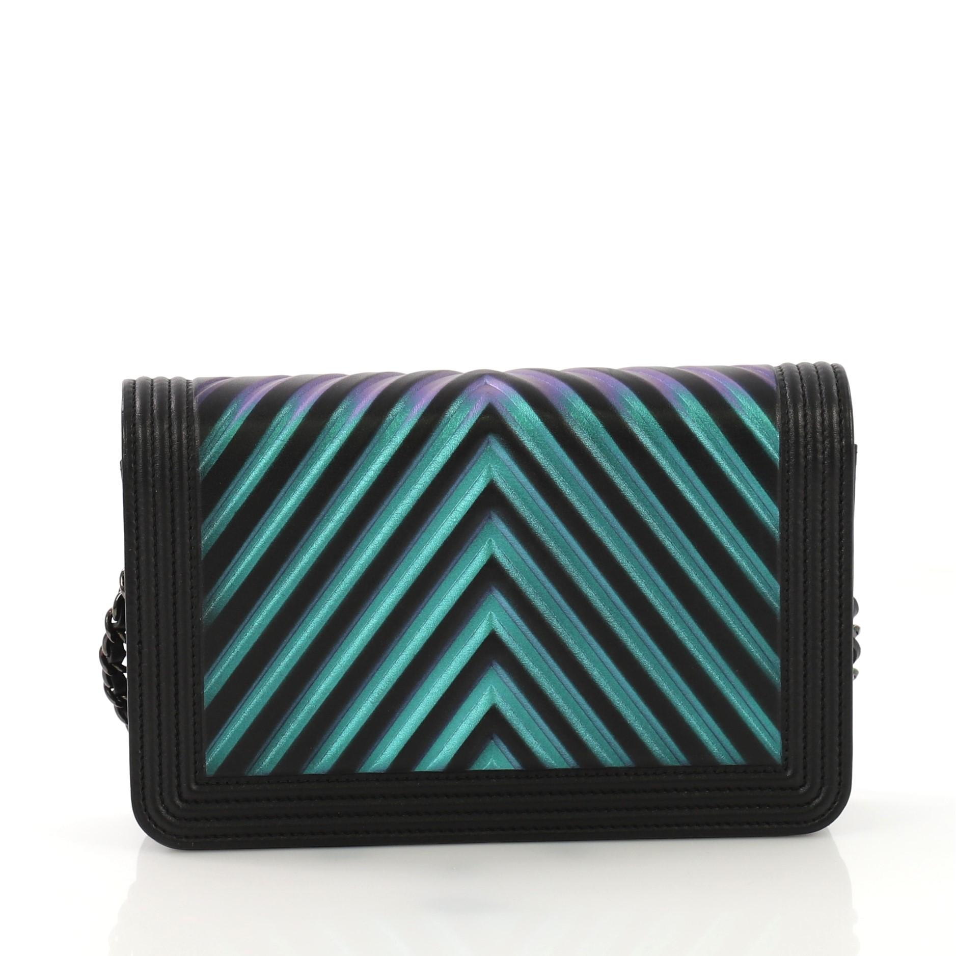 Chanel Boy Wallet on Chain Chevron Painted Calfskin In Good Condition In NY, NY