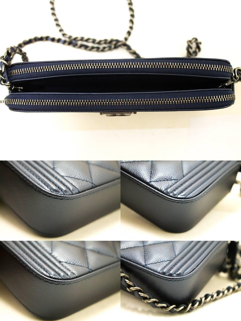 CHANEL Boy Wallet On Chain WOC Navy Shoulder Bag Quilted Zipper at