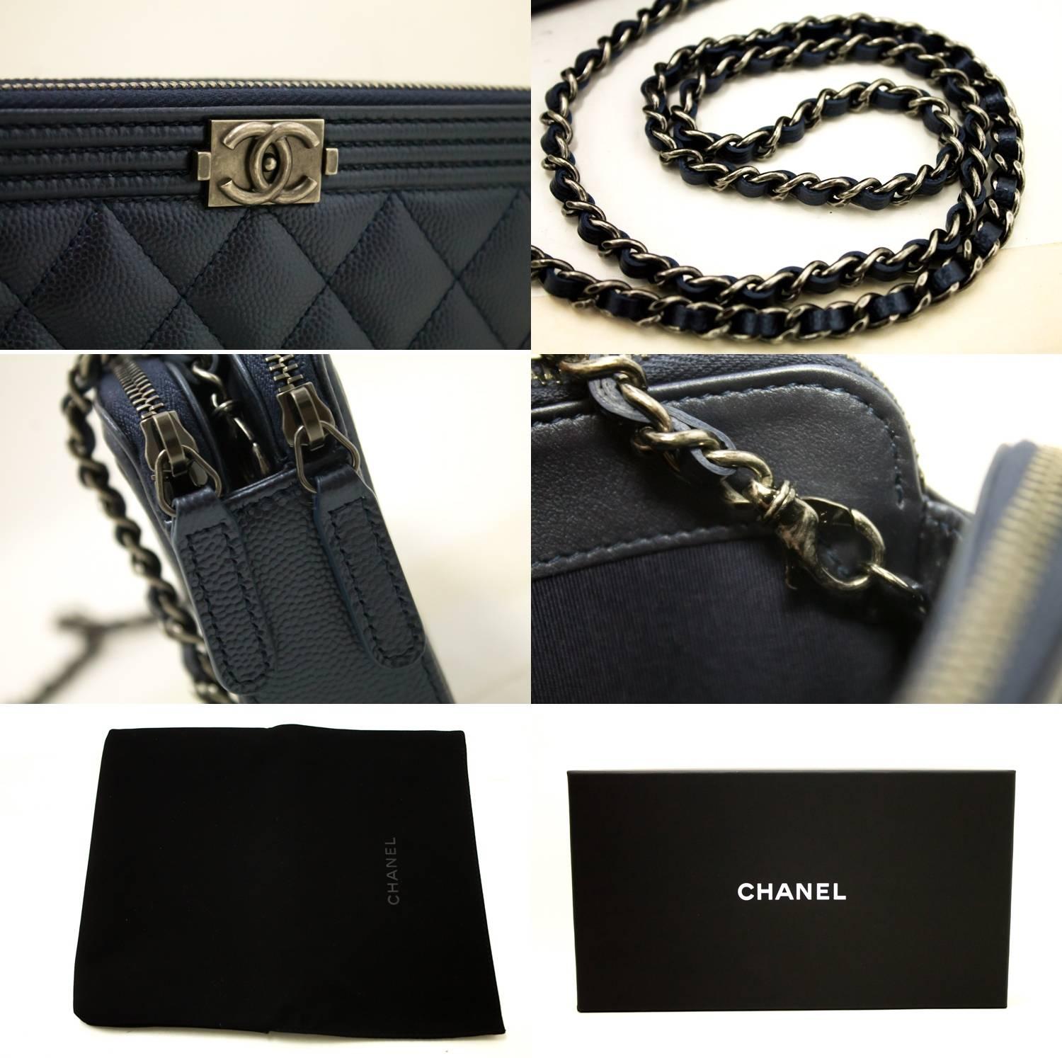 CHANEL Boy Wallet On Chain WOC Navy Shoulder Bag Quilted Zipper In Excellent Condition In Takamatsu-shi, JP