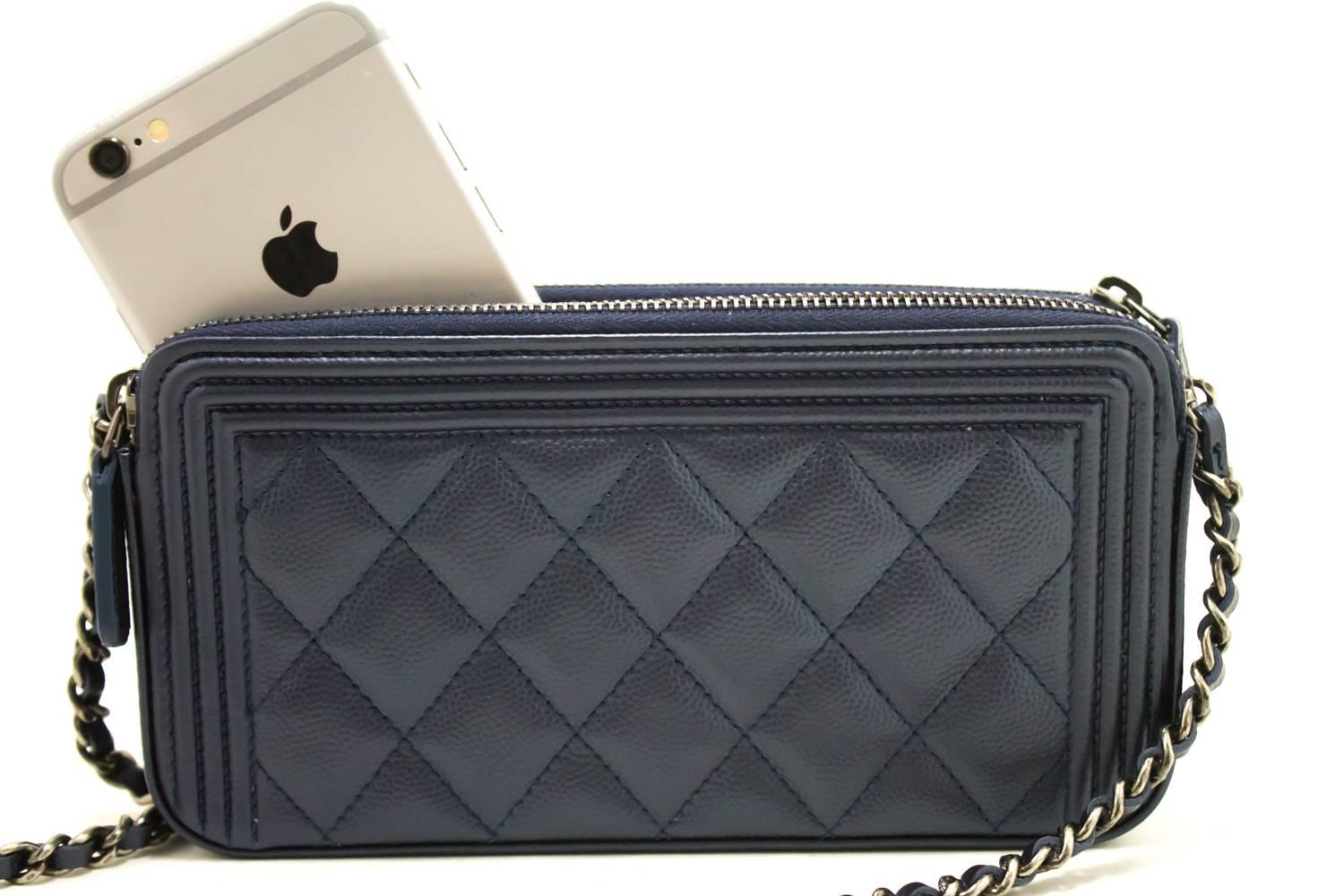 CHANEL Boy Wallet On Chain WOC Navy Shoulder Bag Quilted Zipper 2