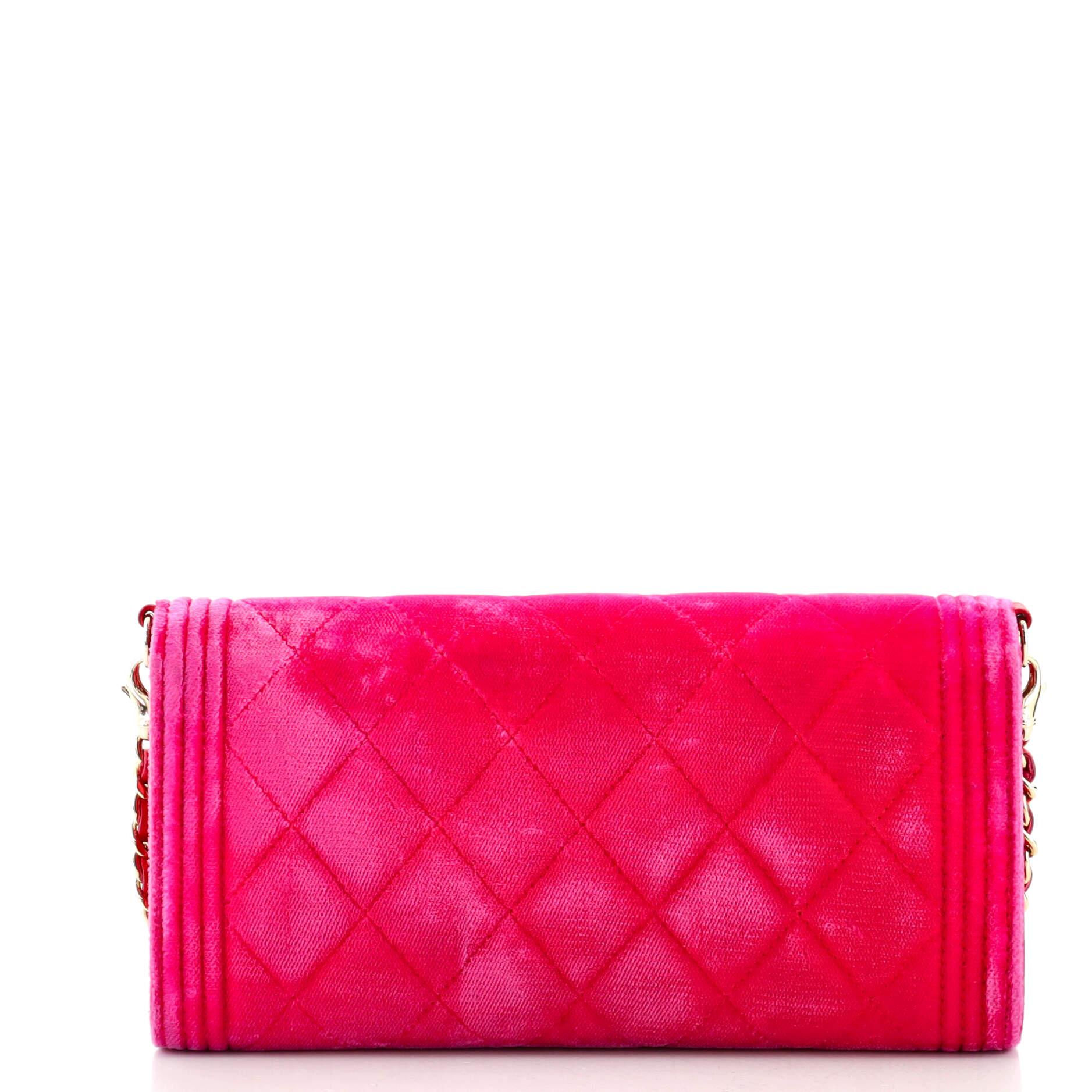Red Chanel Boy Wallet on Removable Chain Quilted Velvet