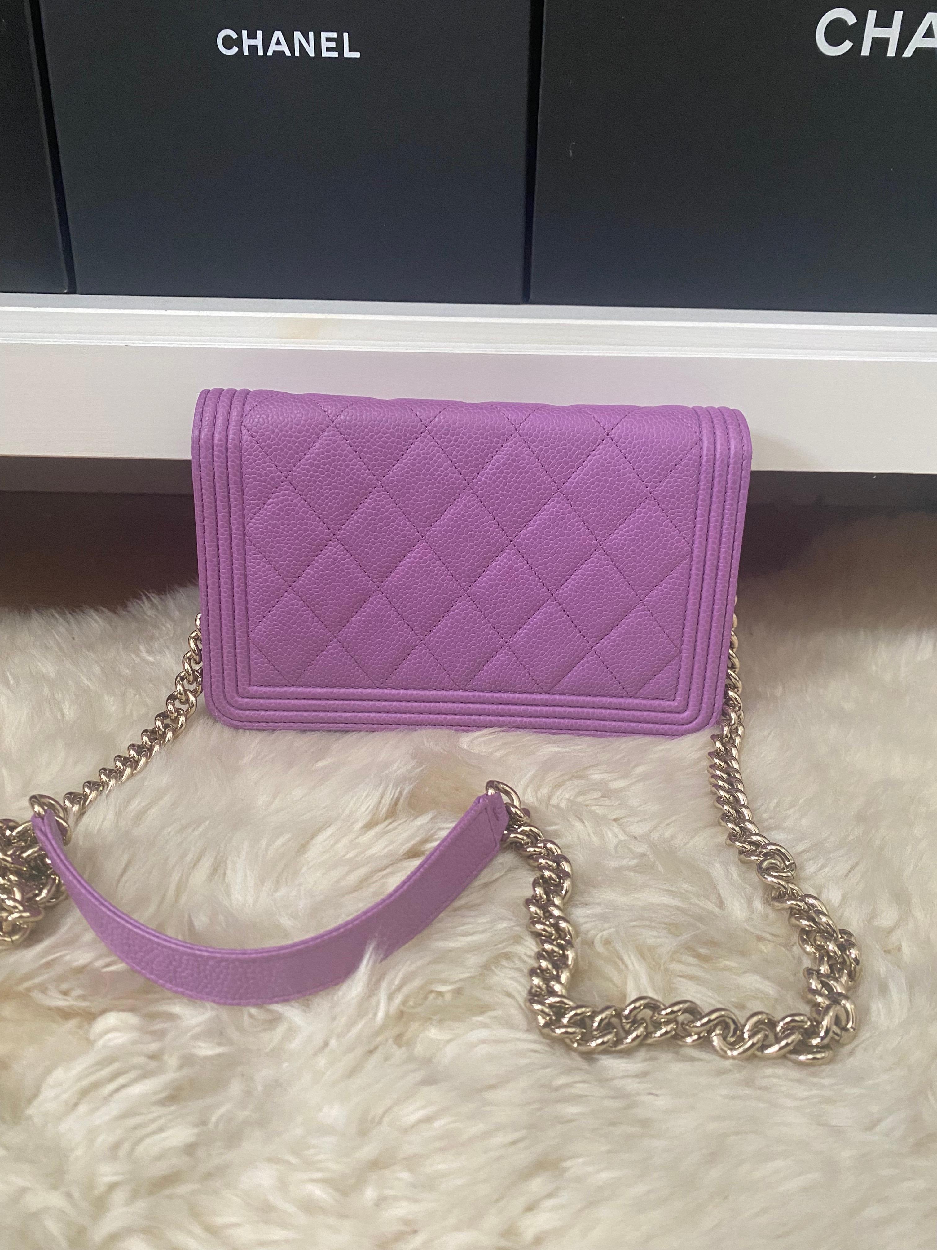 Chanel Boy WOC lavender caviar 

Exterior Color:Lavender
Interior Color:Lavender
Exterior Material: CaviarLeather
Interior Material:Fabric, Leather
Hardware Color: Light Gold
Accessories: None
Serial: 28 series
SIZE AND FIT: 7.5