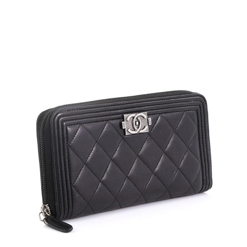 Black Chanel Boy Zip Around Wallet Quilted Lambskin Long
