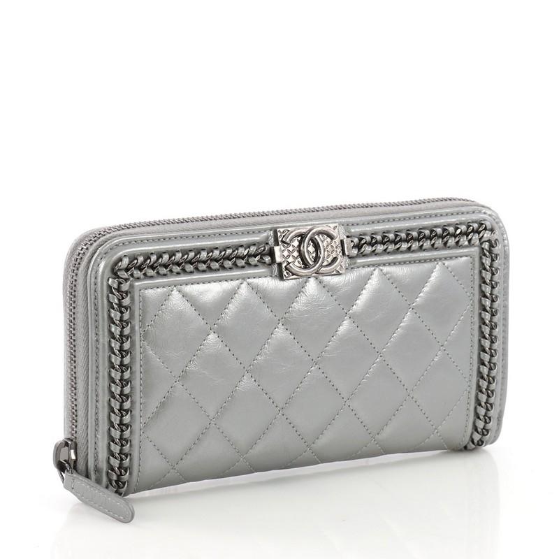 Gray Chanel Boy Zip Jacket Wallet Quilted Calfskin Long