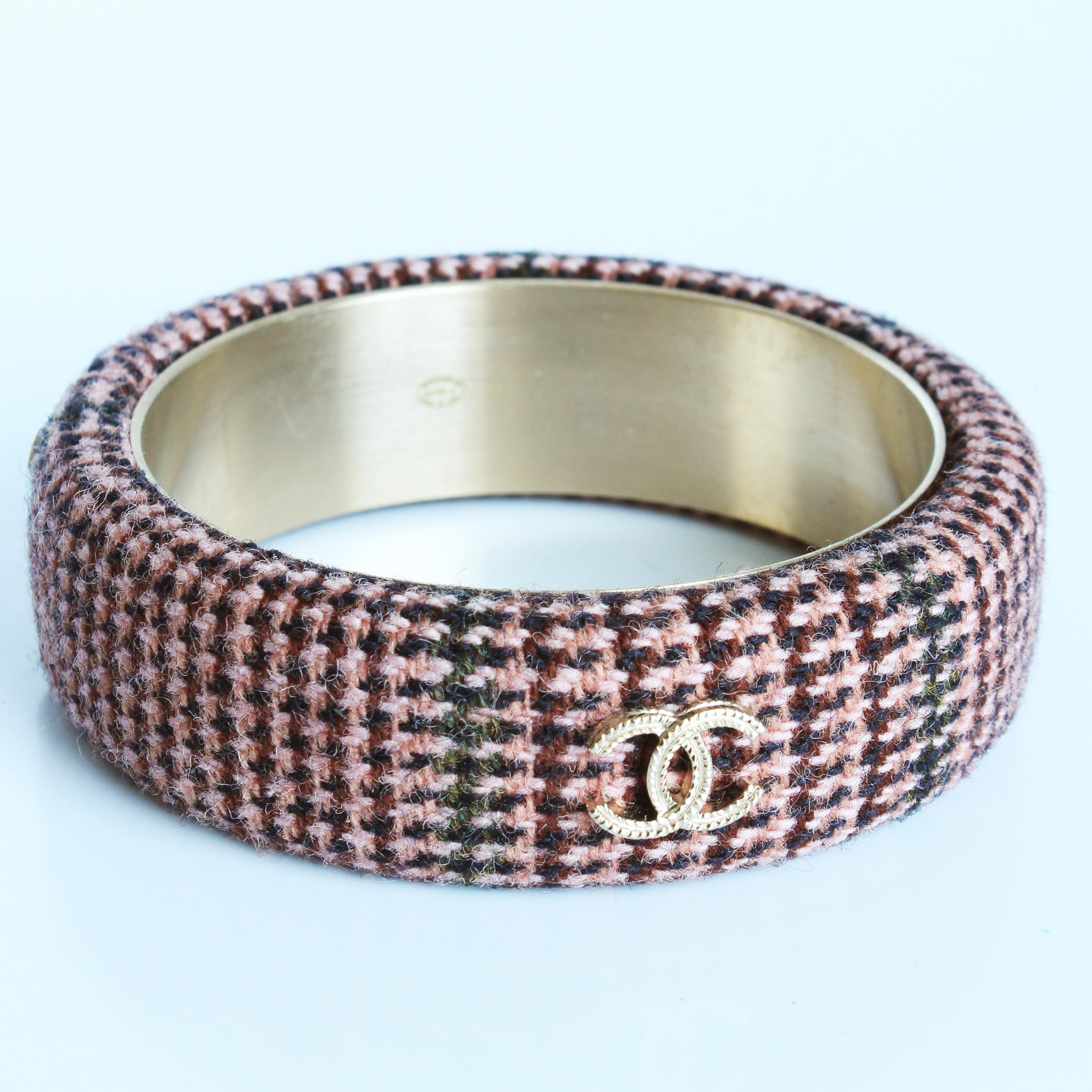 Contemporary Chanel Bracelet Bangle 13A Pink Multicolor Tweed Knit with Gold CC Logo in Box  For Sale