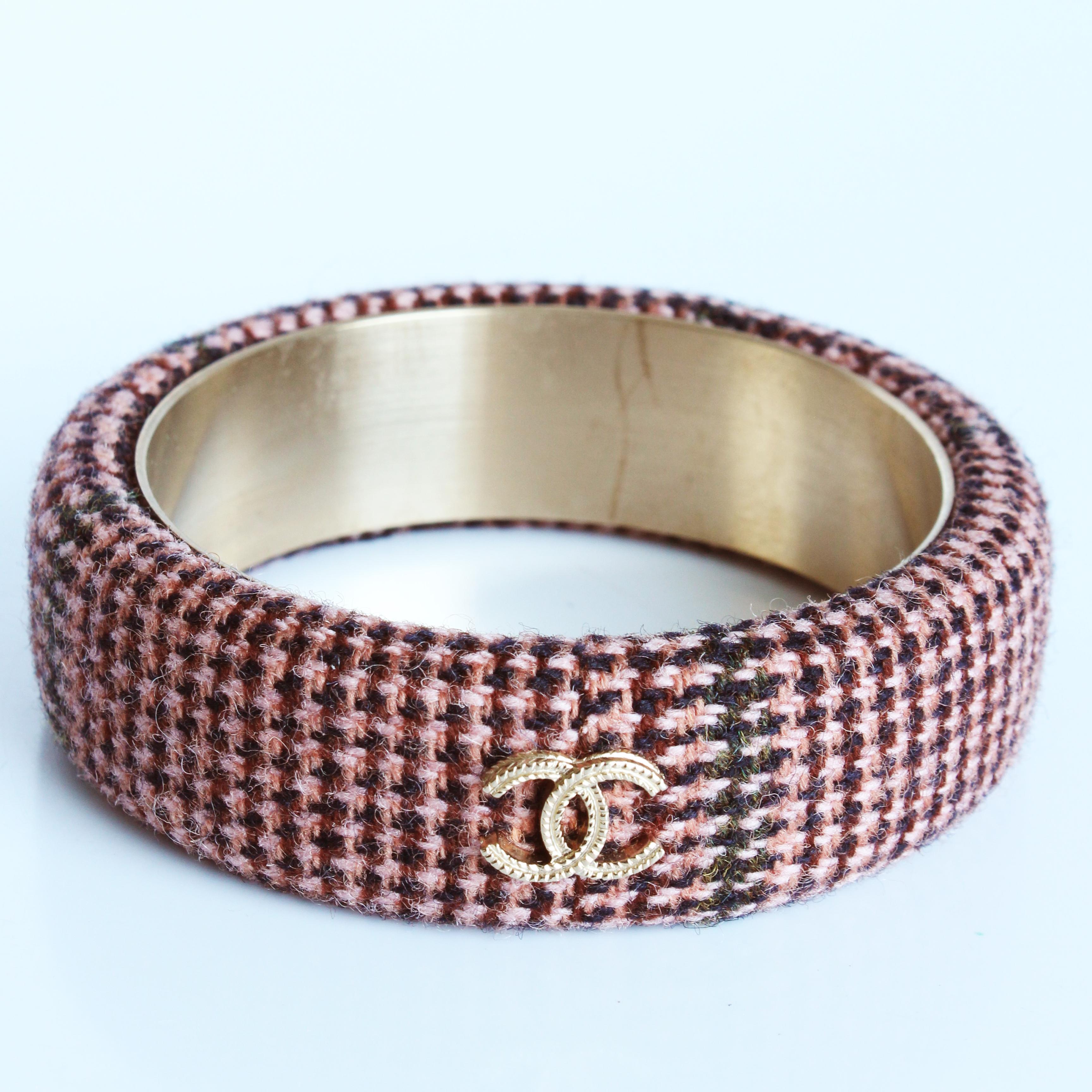 Women's Chanel Bracelet Bangle 13A Pink Multicolor Tweed Knit with Gold CC Logo in Box  For Sale