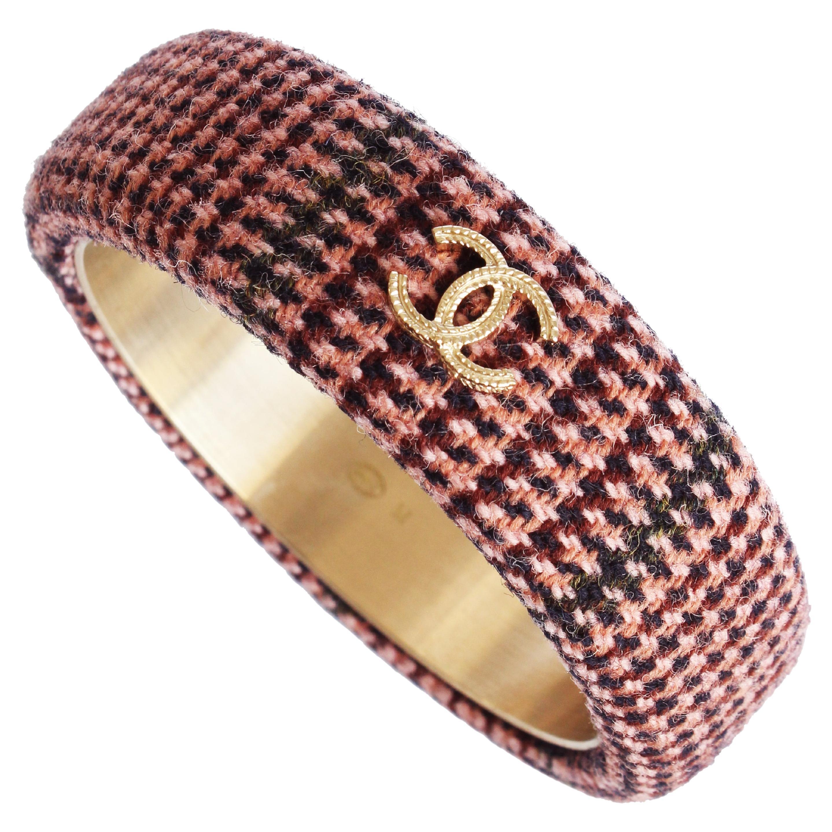 Chanel Bracelet Bangle 13A Pink Multicolor Tweed Knit with Gold CC Logo in Box  For Sale