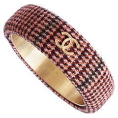 Used Chanel Bracelet Bangle 13A Pink Multicolor Tweed Knit with Gold CC Logo in Box 
