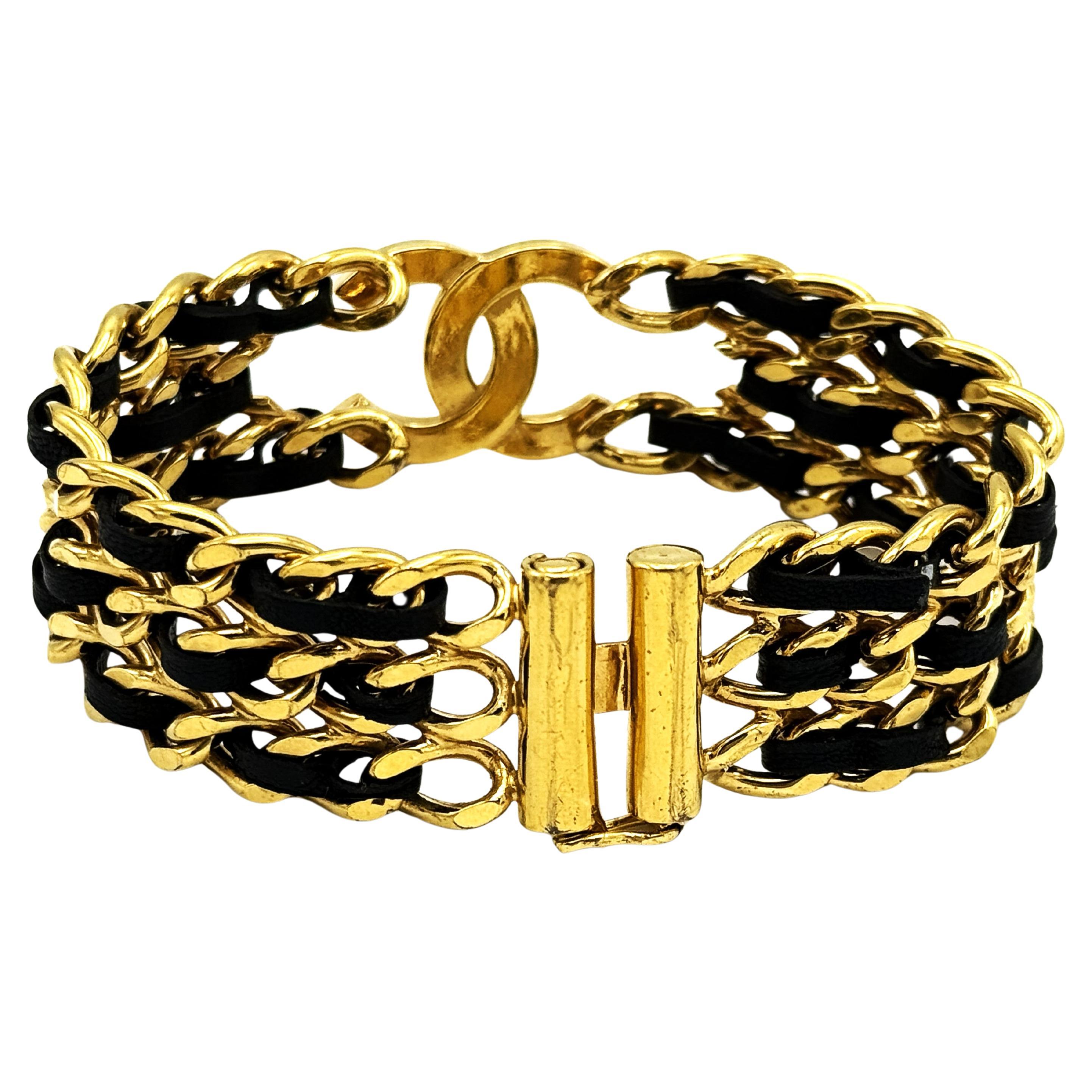 PULSERA CHANEL, icónica CC, cadena de 3 vueltas entretejida con cuero, oro de 24kp. en venta