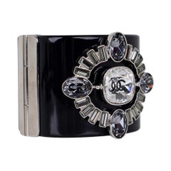 Chanel Strass Crystal Jeweled Cuff Black Resin Bracelet New w/Box