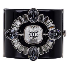Chanel Strass Crystal Jeweled Cuff Black Resin Bracelet New w/Box