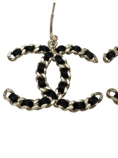 CHANEL Braided Black Ribbon CC Logo Dangling Earrings