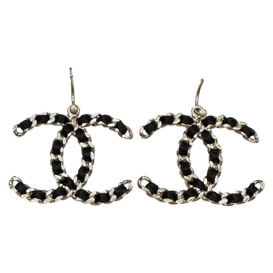 CHANEL Braided Black Ribbon CC Logo Dangling Earrings