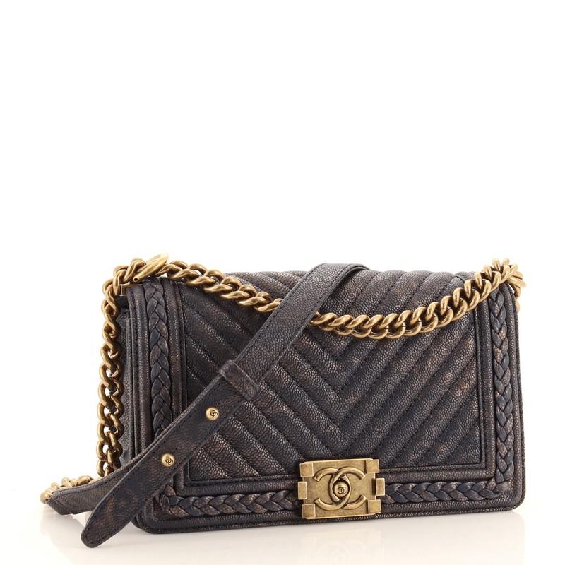Chanel Braided Boy Flap Bag Patinated Chevron Caviar Old Medium In Good Condition In NY, NY