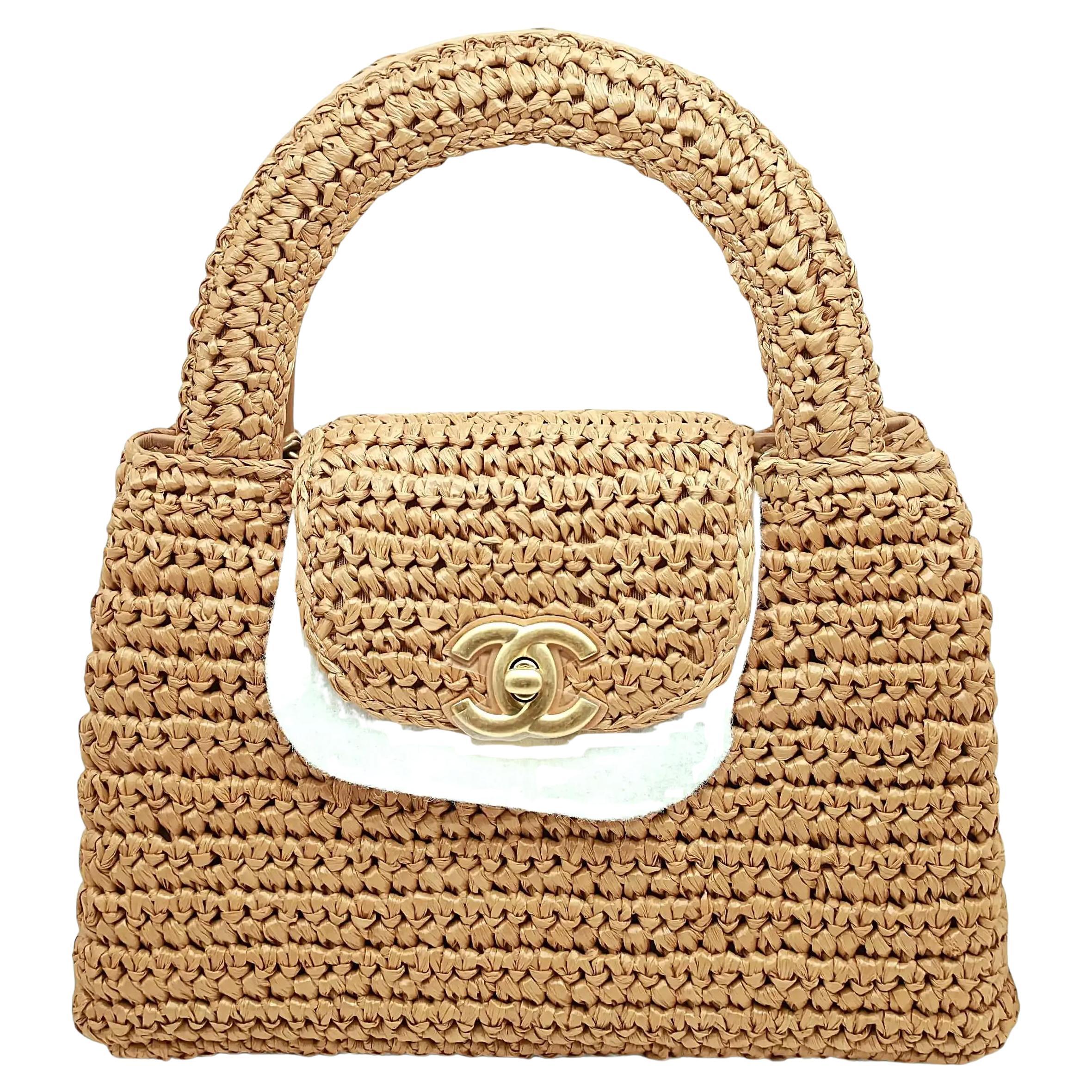 Chanel Braided Raffia & Gold Tone Metal Dark Beige Mini Crossbody Bag