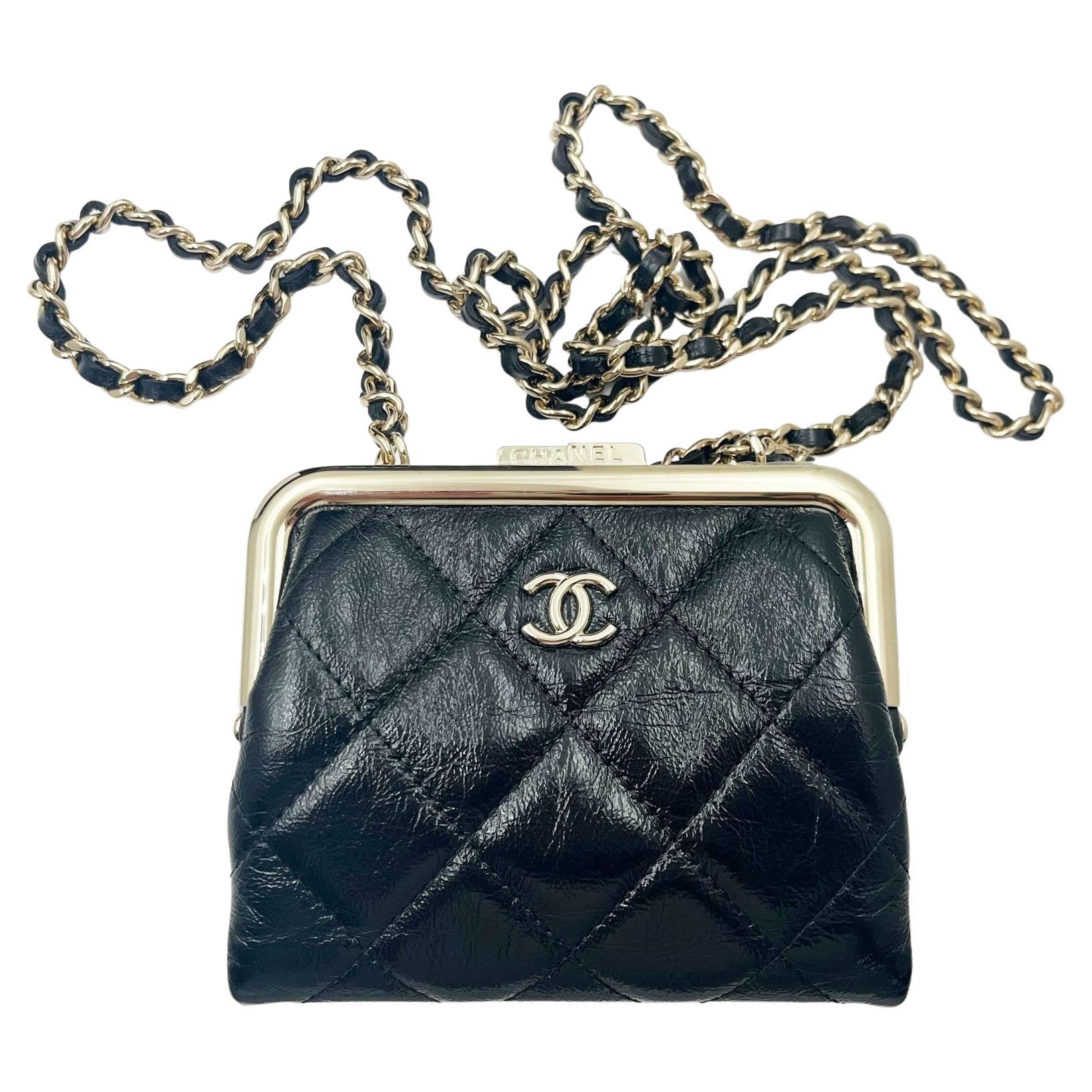 Chanel Brand New Black Crinkled Leather Coin Purse Crossbody Bag  For Sale