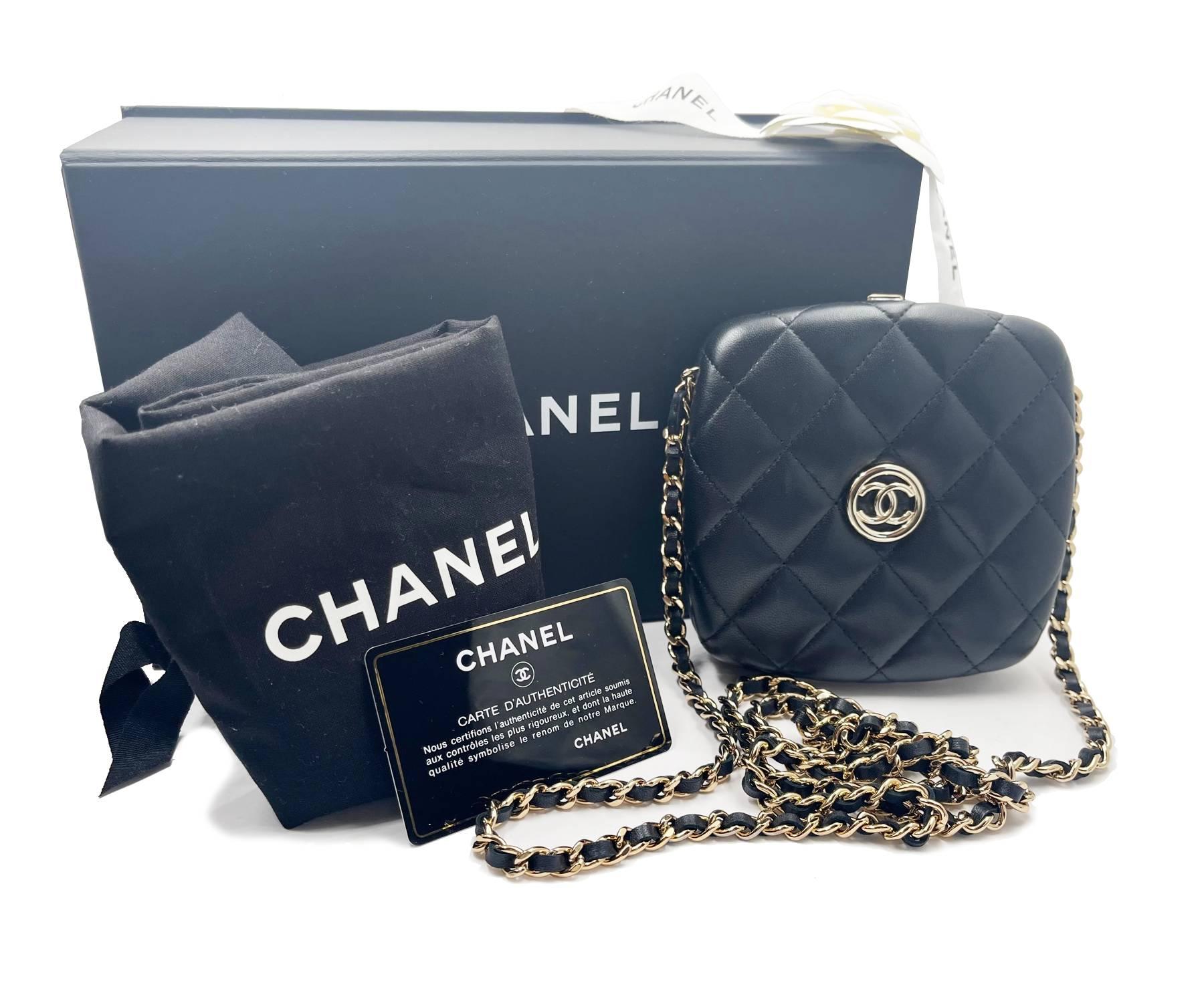 Chanel Brand New Black Quilted Hard Case Compact Vanity Crossbody Bag

*Marked 3208XXXX
*Made in France
*Comes with the original box, pouch, control number card, ribbon and flower
*Brand New

-It is approximately 5″ x 5″ x 1.25″.
-The strap is