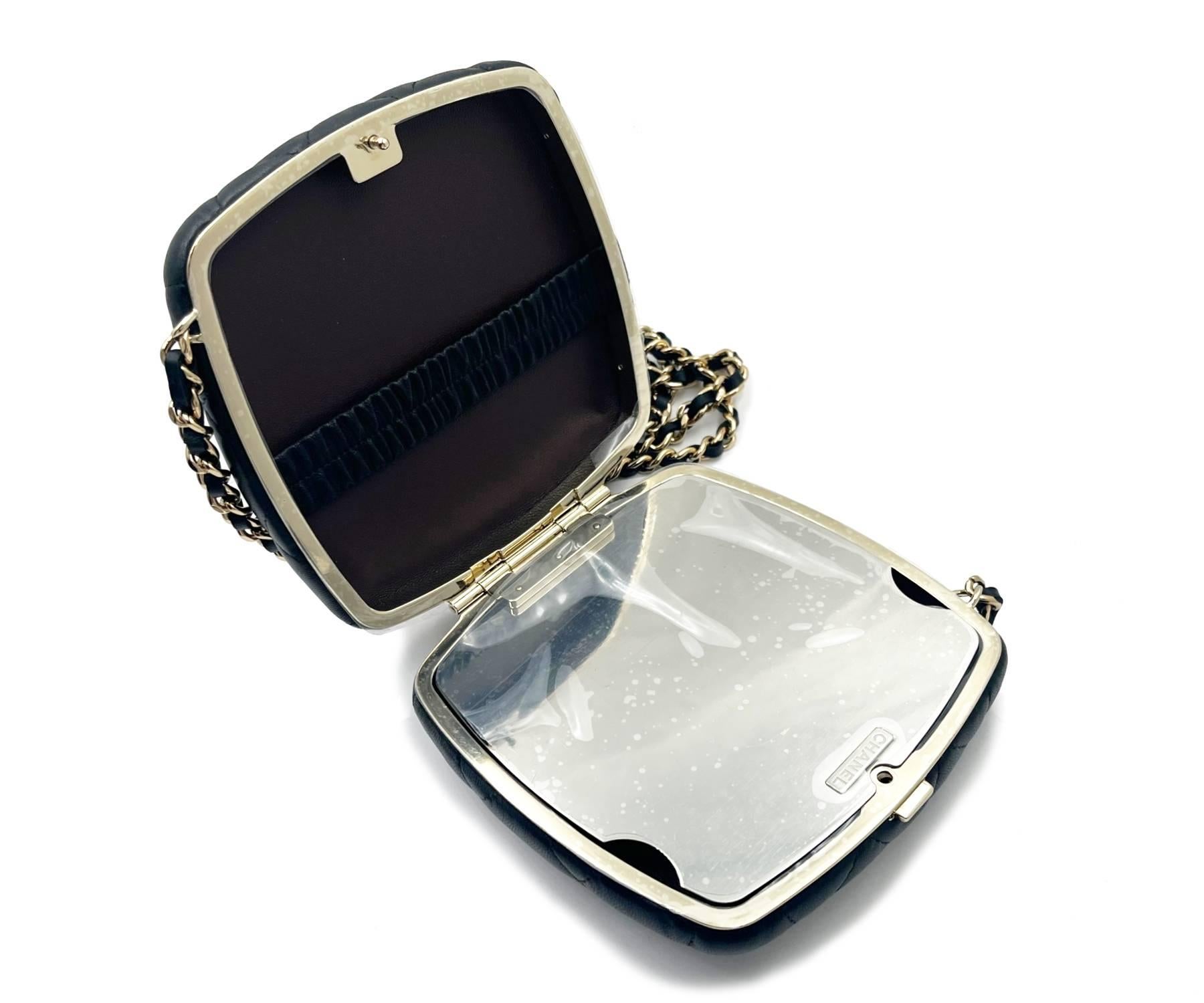 Chanel Brand New Black Quilted Hard Case Compact Vanity Crossbody Bag  Damen im Angebot