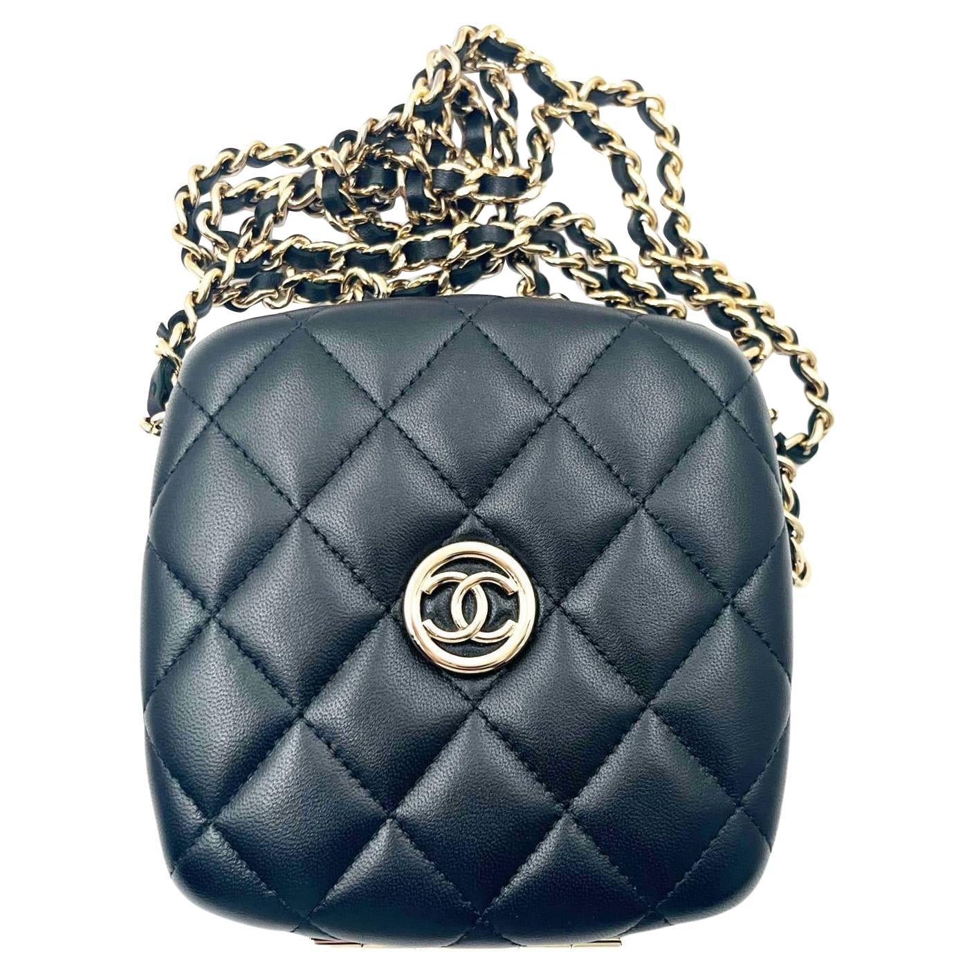 Chanel Brand New Black Quilted Hard Case Compact Vanity Crossbody Bag For Sale