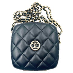 Chanel Brand New Black Quilted Hard Case Compact Vanity Crossbody Bag