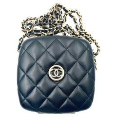 Chanel Brand New Black Quilted Hard Case Compact Vanity Crossbody Bag 