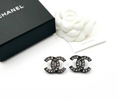 Chanel Brand New Black Resin CC Princess Square Crystal XL Piercing Earrings