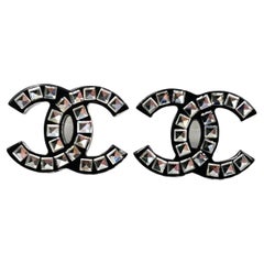 Chanel Brand New Black Resin CC Princess Square Crystal XL Piercing Earrings