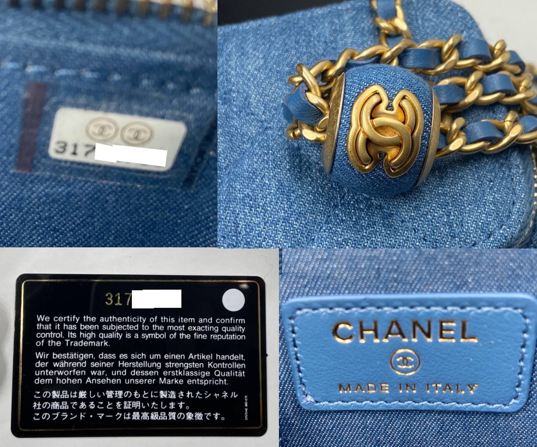 Chanel Brand New Classic Denim Pearl Crush Mini Vanity Case Crossbody Bag In New Condition In Pasadena, CA