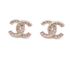 Chanel Brand New Classic Gold CC Crystal Block Pearl Piercing Earrings