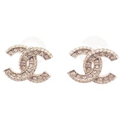 Chanel Brand New Classic Gold CC Crystal Block Pearl Piercing Earrings