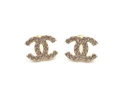 Chanel Brand New Classic Gold CC Crystal Medium Piercing Ohrringe